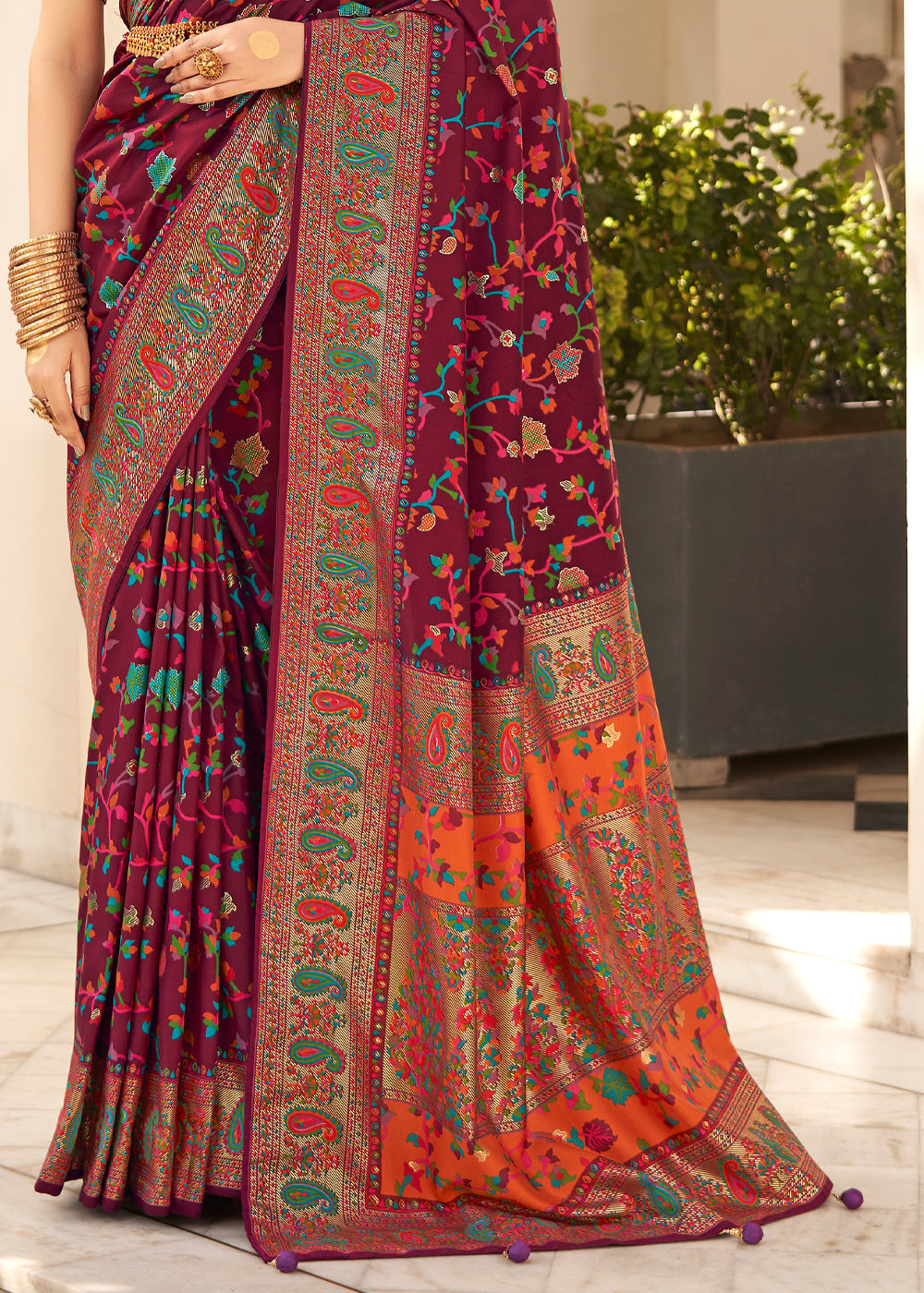 Buy MySilkLove Burgundy Maroon Handloom Printed Kashmiri Jamewar Silk Saree Online