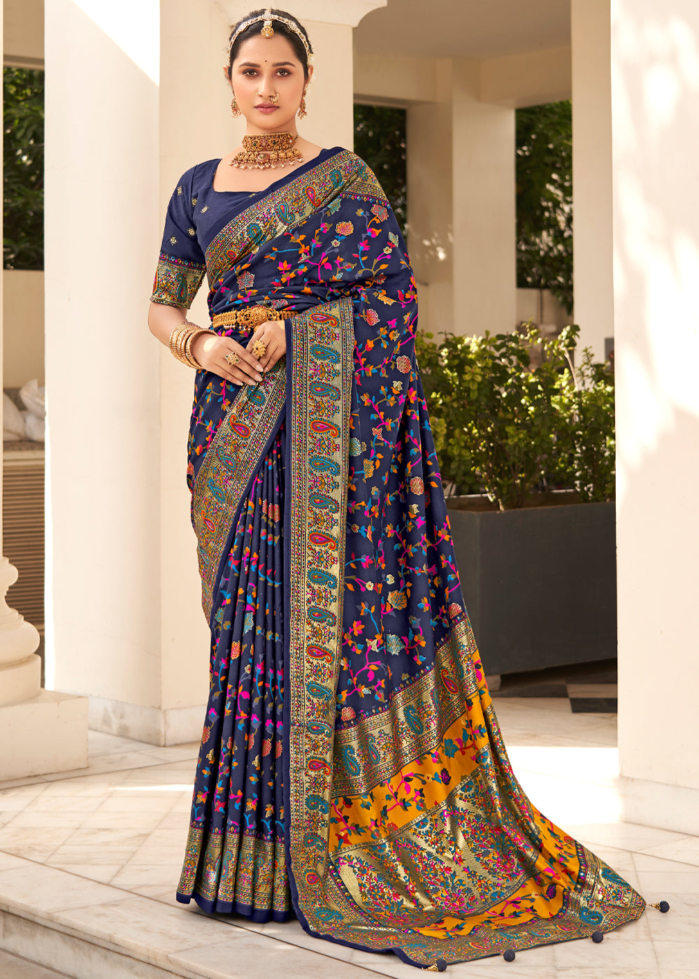 Buy MySilkLove Prussian Blue Handloom Printed Kashmiri Jamewar Silk Saree Online