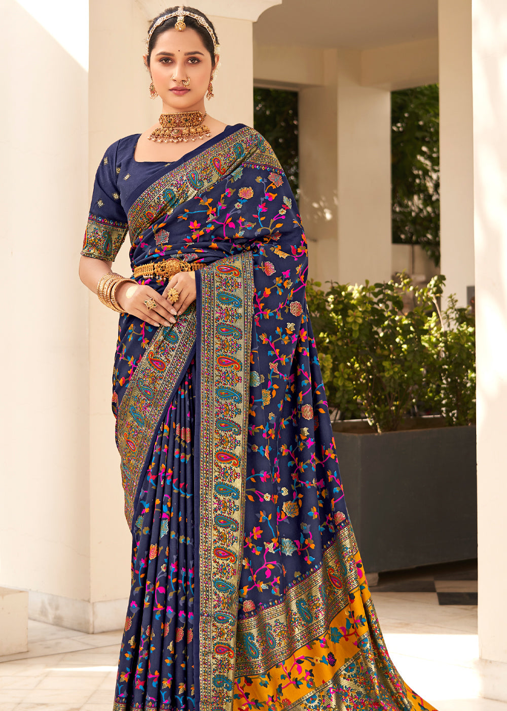 Buy MySilkLove Prussian Blue Handloom Printed Kashmiri Jamewar Silk Saree Online