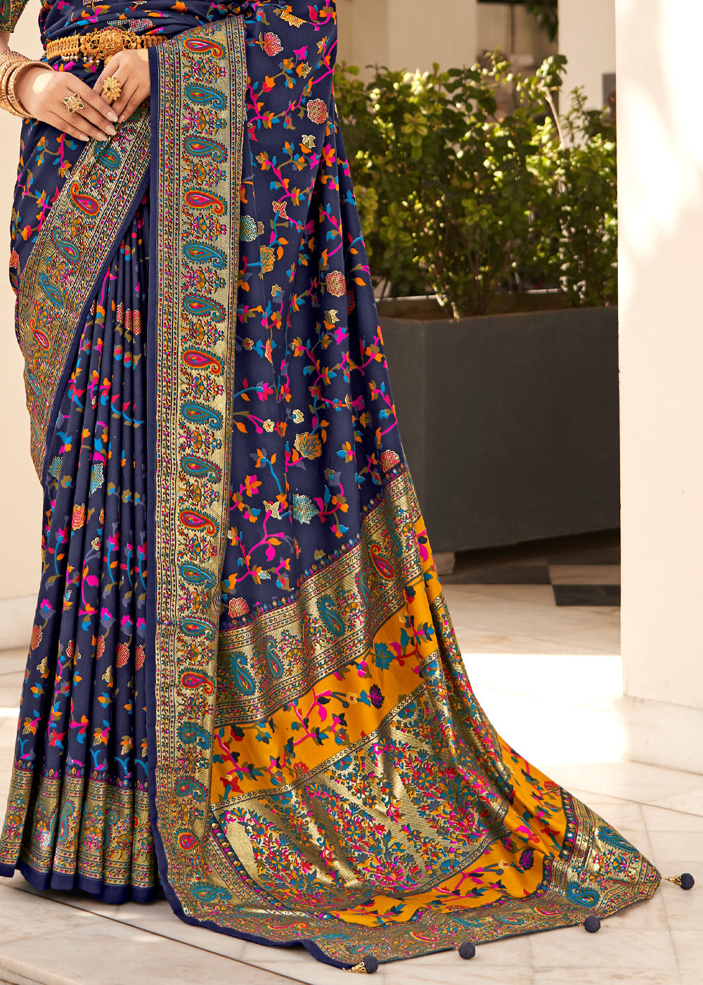 Buy MySilkLove Prussian Blue Handloom Printed Kashmiri Jamewar Silk Saree Online