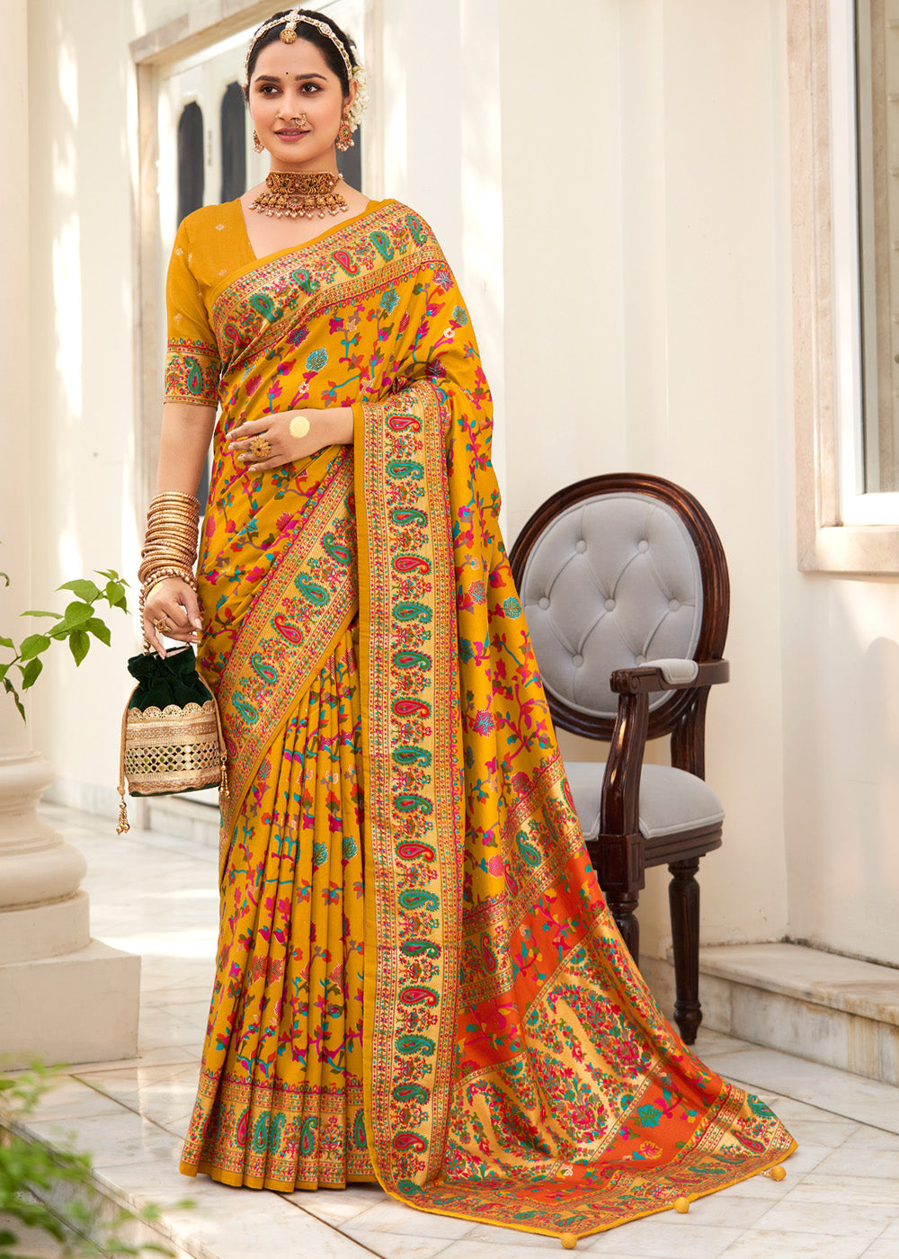 Buy MySilkLove Medallion Yellow Handloom Printed Kashmiri Jamewar Silk Saree Online