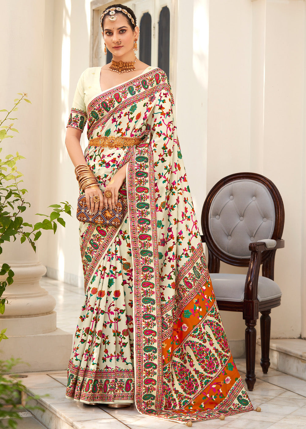 Buy MySilkLove Powder White Handloom Printed Kashmiri Jamewar Silk Saree Online