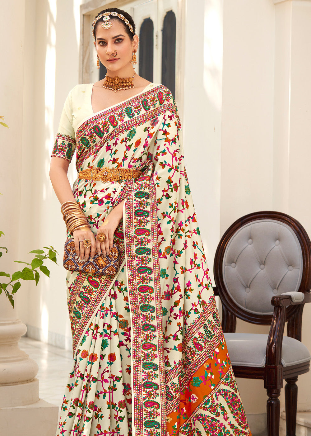 Buy MySilkLove Powder White Handloom Printed Kashmiri Jamewar Silk Saree Online