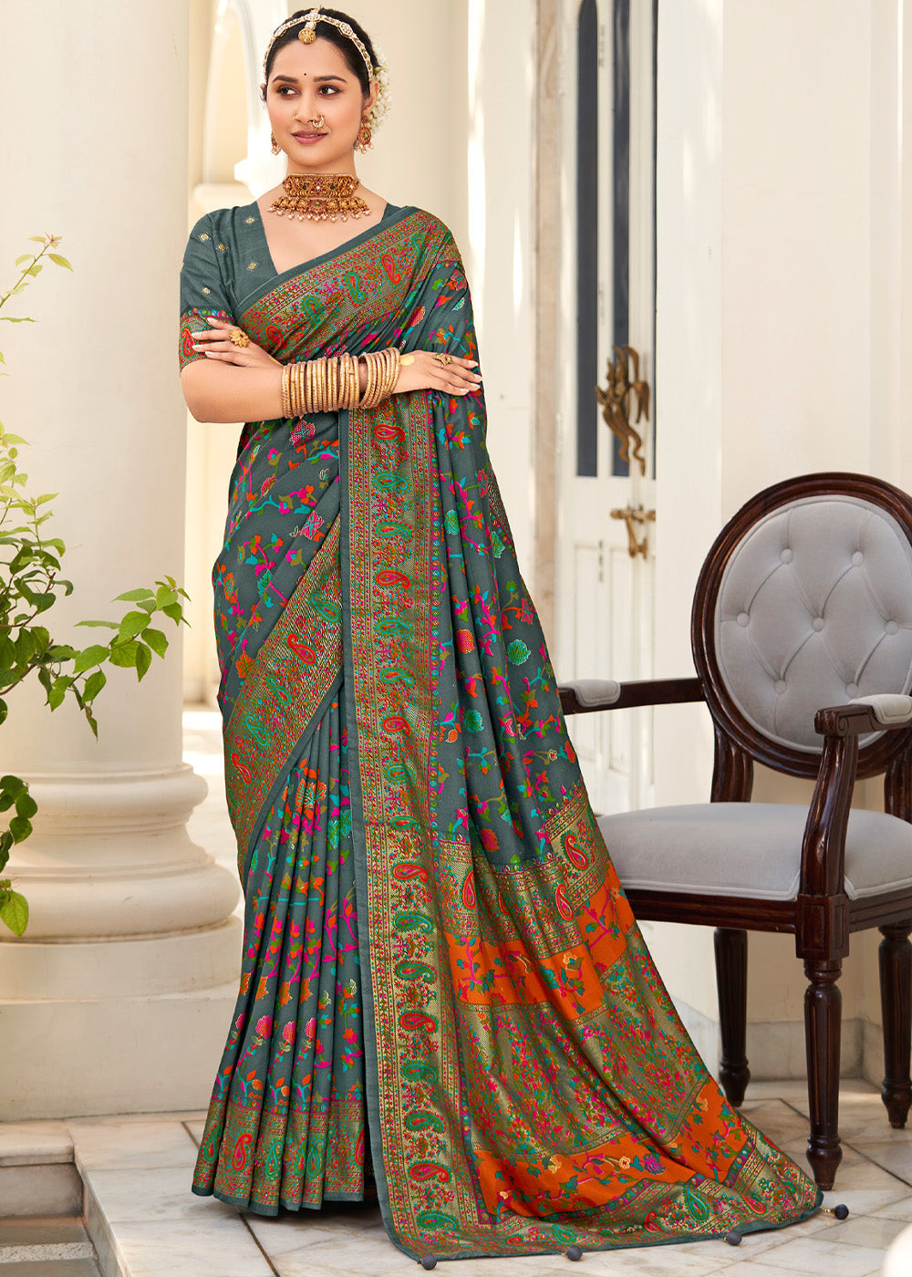 Buy MySilkLove Hunter Grey Handloom Printed Kashmiri Jamewar Silk Saree Online