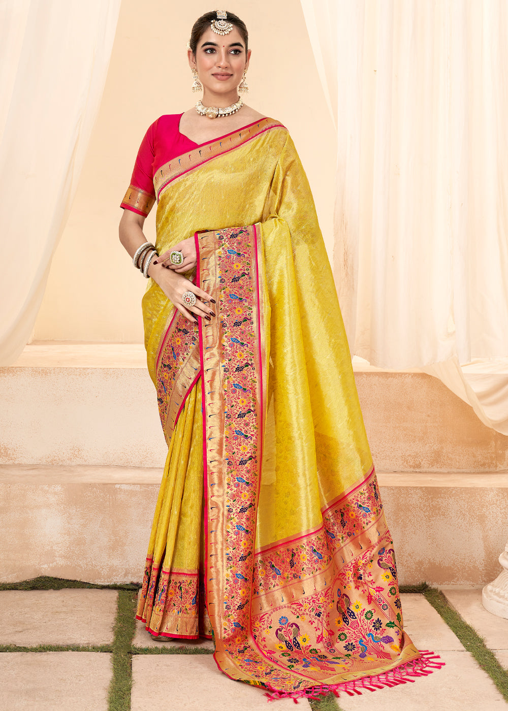 Buy MySilkLove Sunset Pearl Yellow Woven Paithani Tissue Silk Saree Online