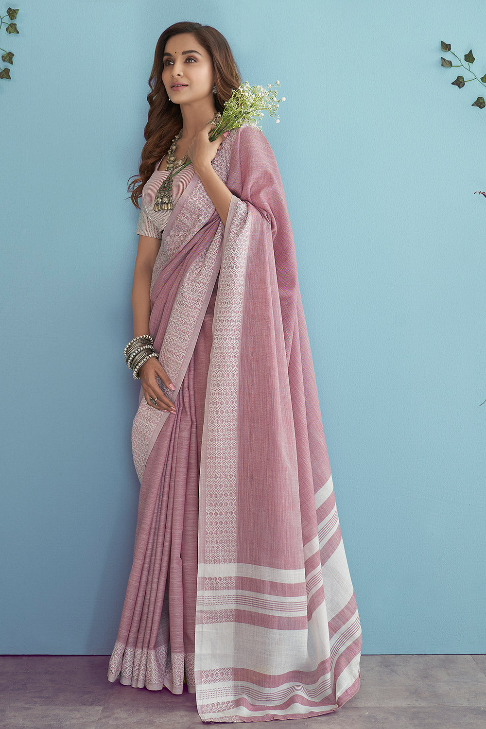 Buy MySilkLove Clam Shell Pink Linen Saree Online