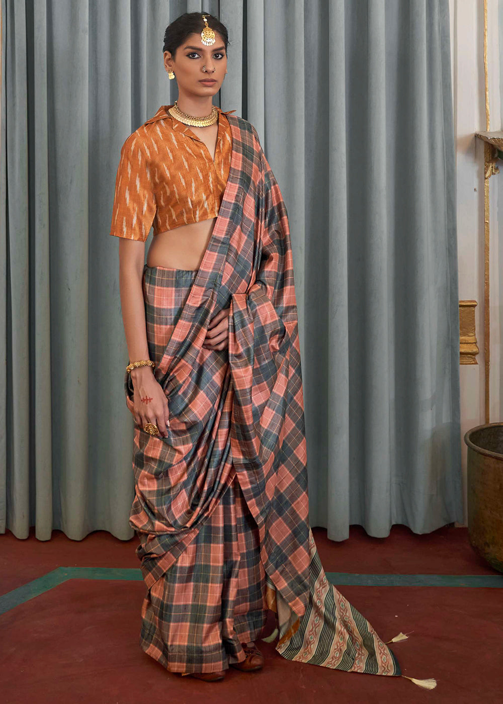 Buy MySilkLove Chestnut Orange Printed Banarasi Saree Online