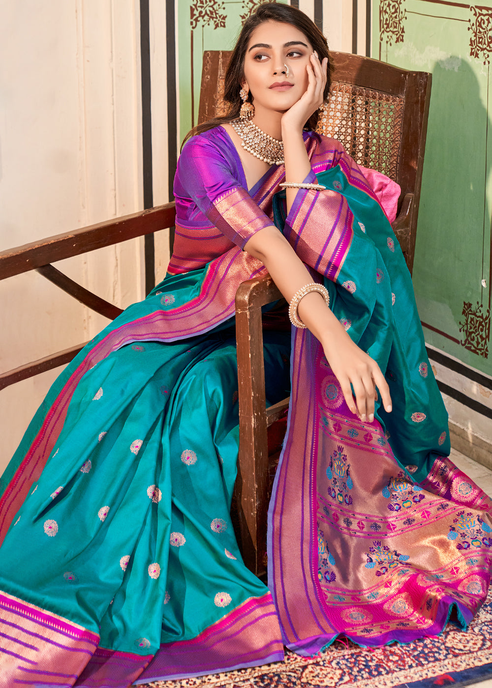 Dark high quality Aqua Blue And Bright Pink Paithani Silk Saree For Woman Paithani Saree Organza Silk Paithani Saree Latest Paithani Saree