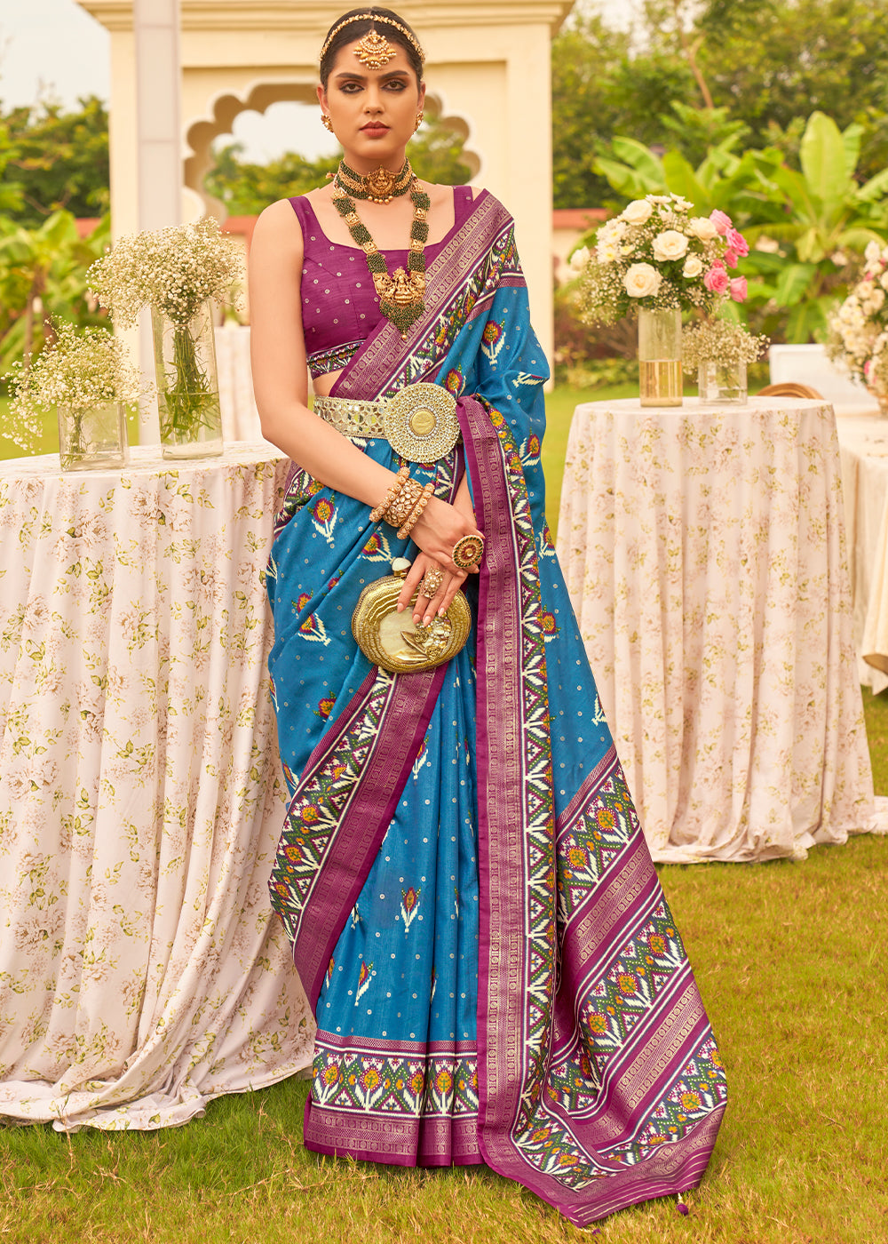 Buy MySilkLove Matisse Blue Printed Patola Designer Silk Saree Online