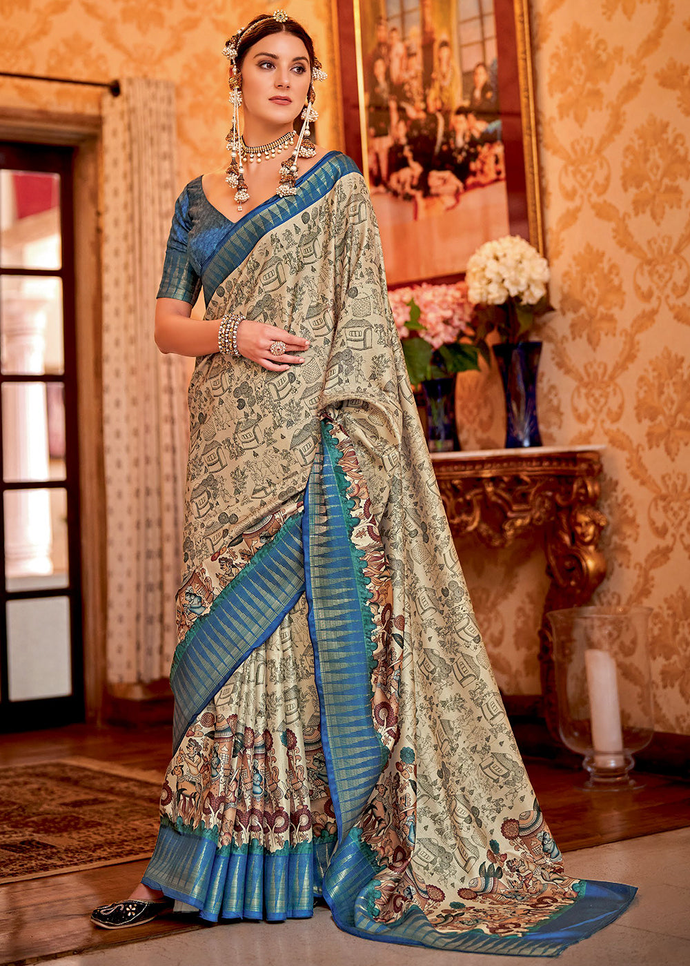 Buy Beige Cream and Blue Manipuri Temple Printed Silk Saree Online -  MySilkLove