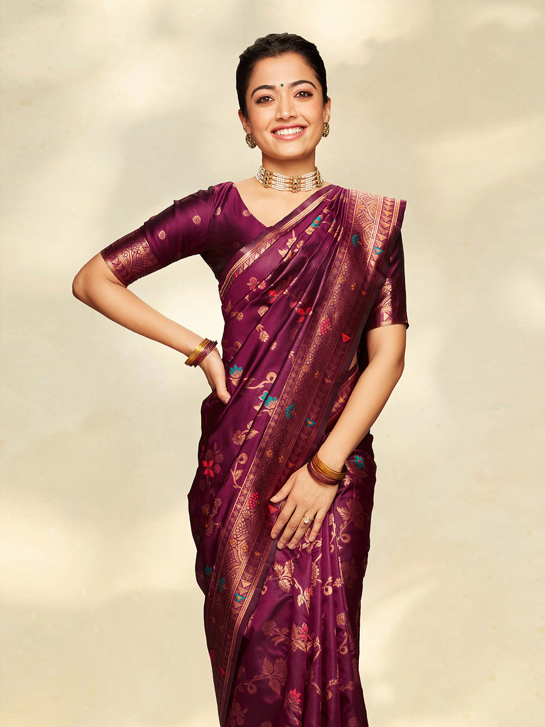 Buy MySilkLove Rashmika Mandana in Wine Berry Purple Woven Handloom Saree Online