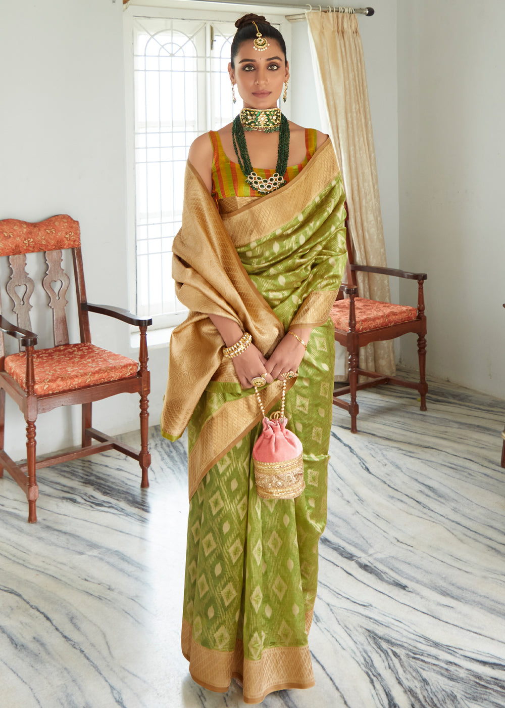 Buy MySilkLove Reef Green Woven Banarasi Organza Silk Saree Online