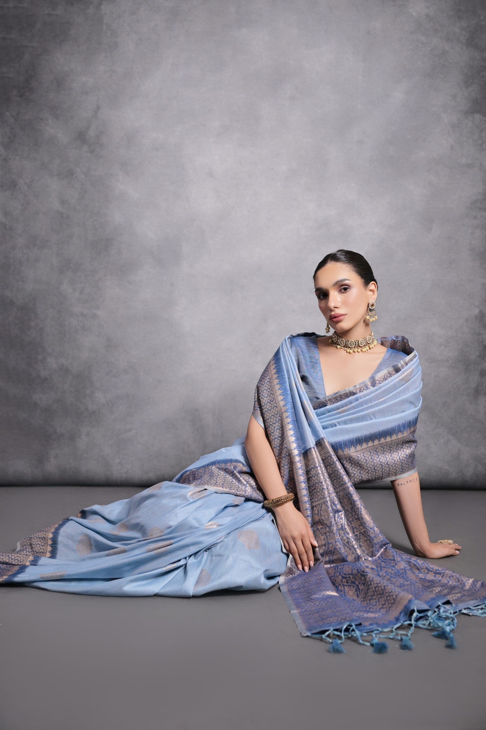 Buy MySilkLove Perano Blue Tussar Temple Border Silk Saree Online