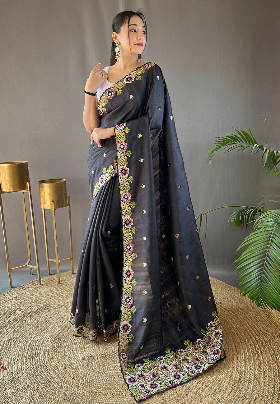 Buy MySilkLove Mine Shaft Black Embroidered Tussar Silk Saree Online