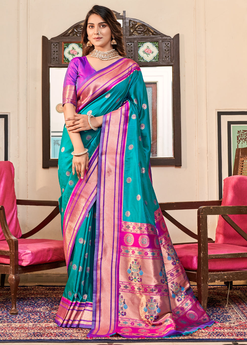 Buy MySilkLove Dark Teal Blue Woven Paithani Soft Silk Saree Online