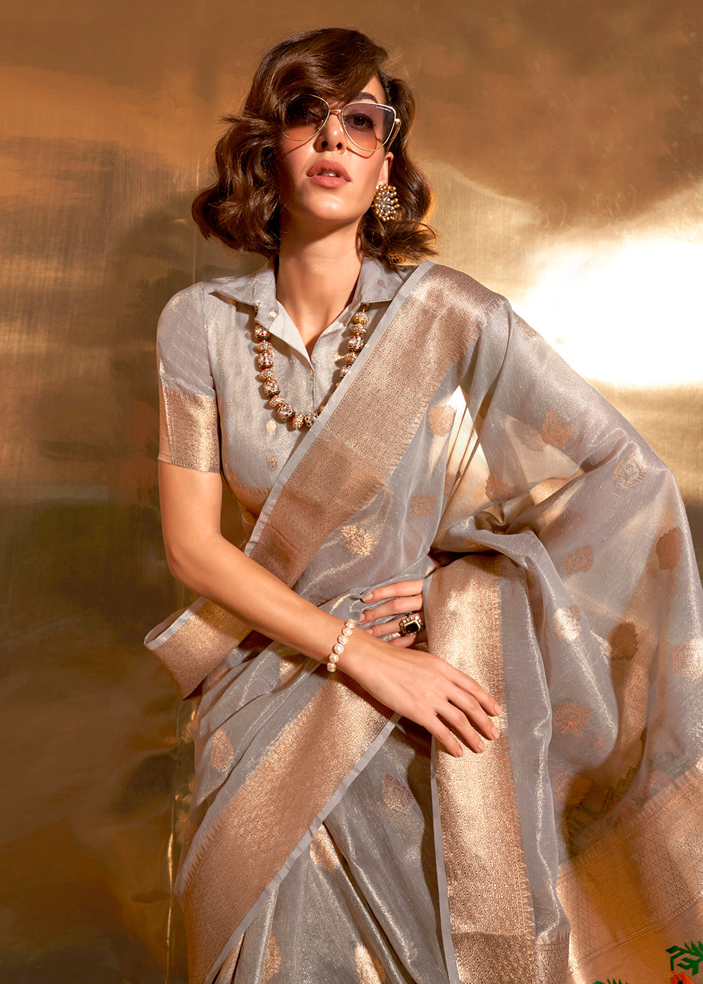 Buy MySilkLove Pastel Grey Handloom Tissue Silk Saree Online