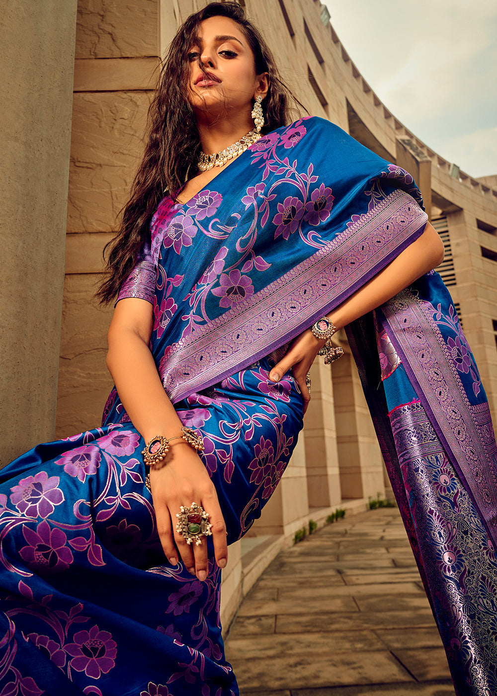 Buy MySilkLove Chathams Blue Zari Woven Banarasi Handloom Silk Saree Online