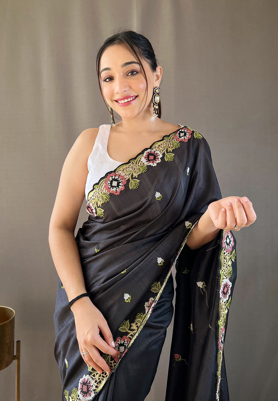Buy MySilkLove Mine Shaft Black Embroidered Tussar Silk Saree Online