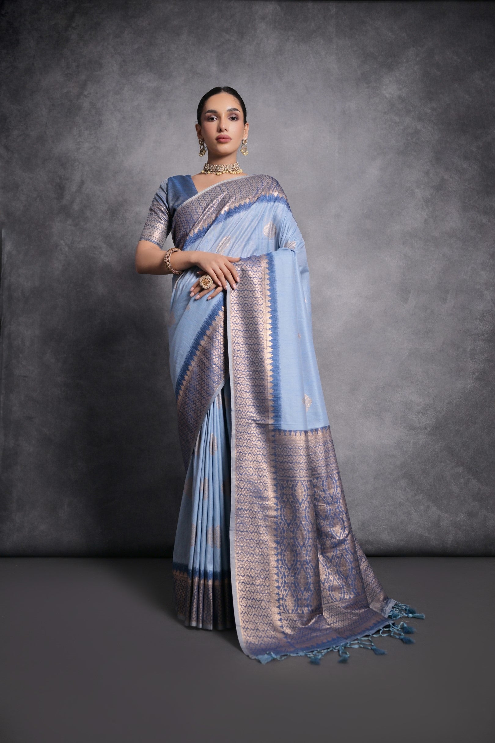 Buy MySilkLove Perano Blue Tussar Temple Border Silk Saree Online
