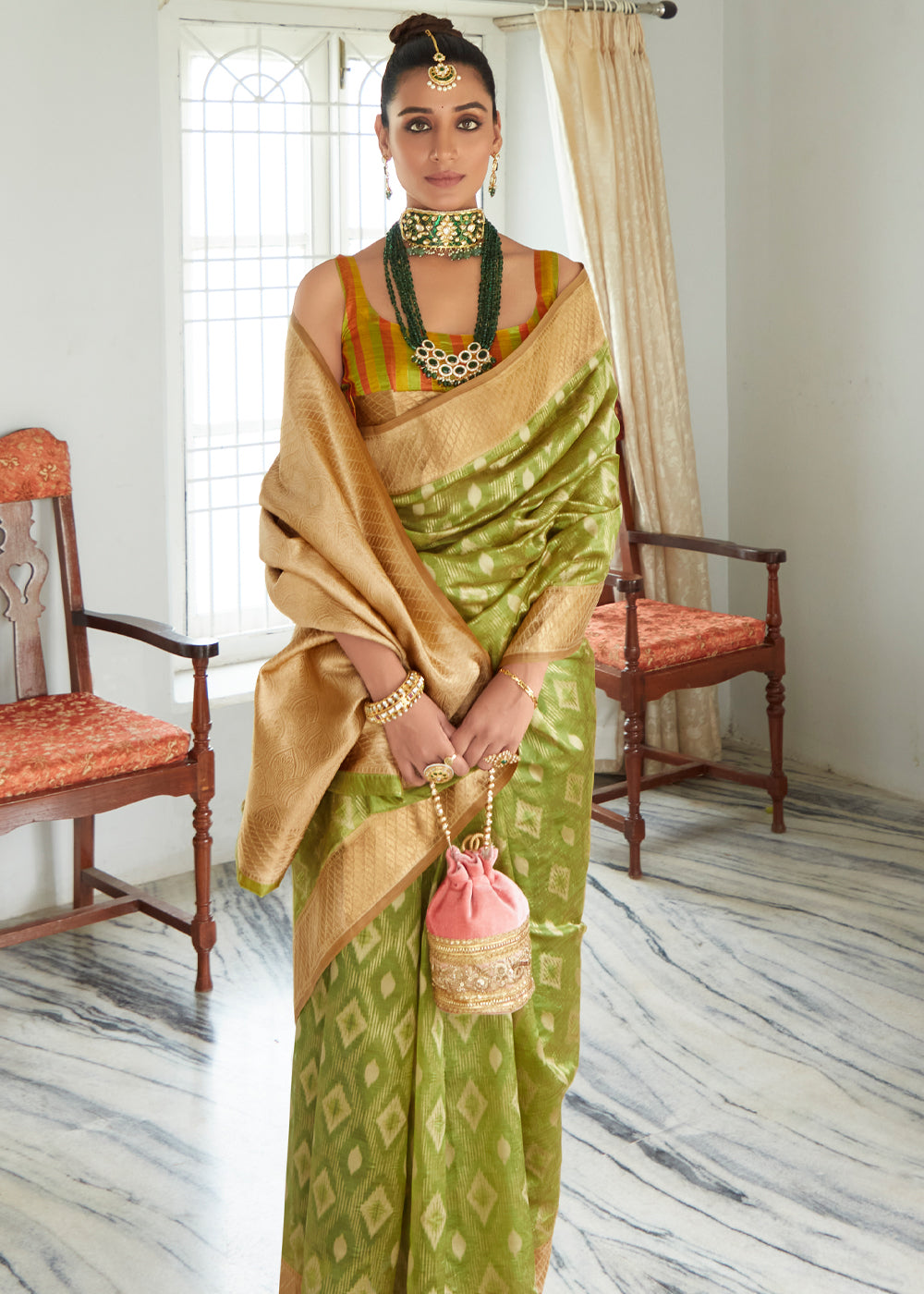 Buy MySilkLove Reef Green Woven Banarasi Organza Silk Saree Online