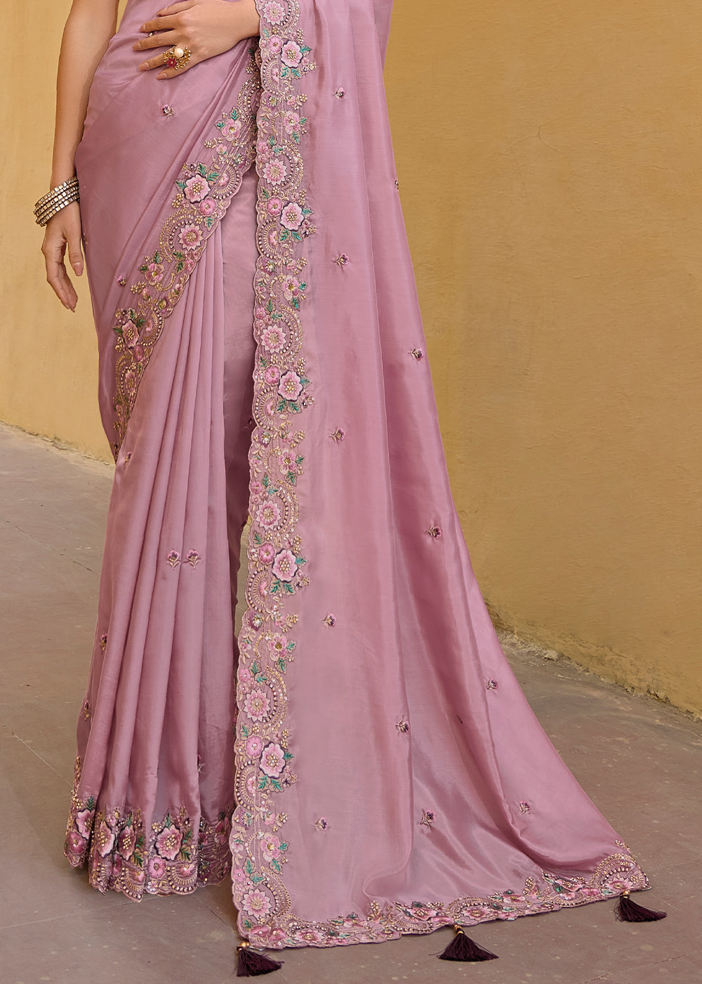 Buy MySilkLove Viola Pink Tissue Organza Embroidered Silk Saree Online