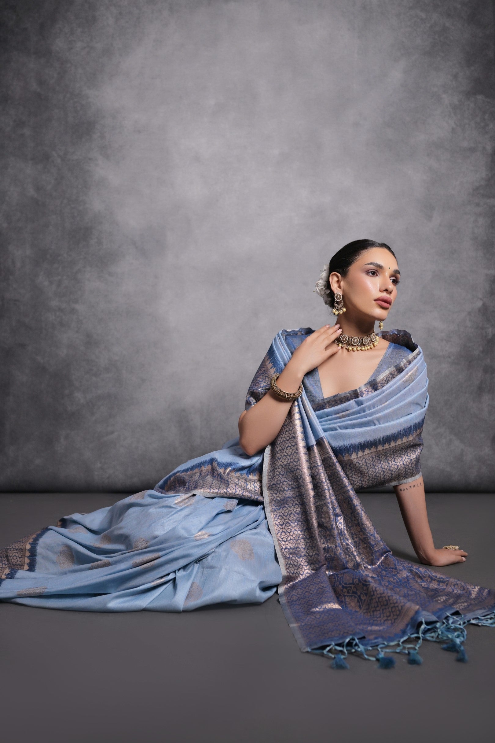 Buy MySilkLove Perano Blue Tussar Temple Border Silk Saree Online