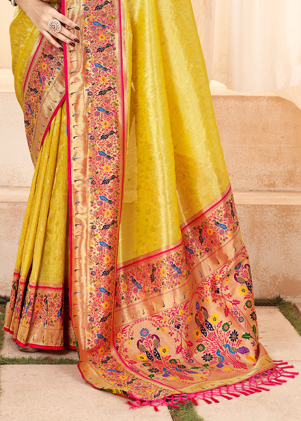 Buy MySilkLove Sunset Pearl Yellow Woven Paithani Tissue Silk Saree Online