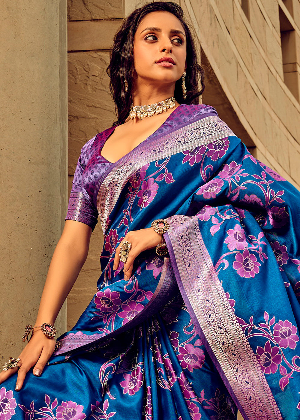 Buy MySilkLove Chathams Blue Zari Woven Banarasi Handloom Silk Saree Online