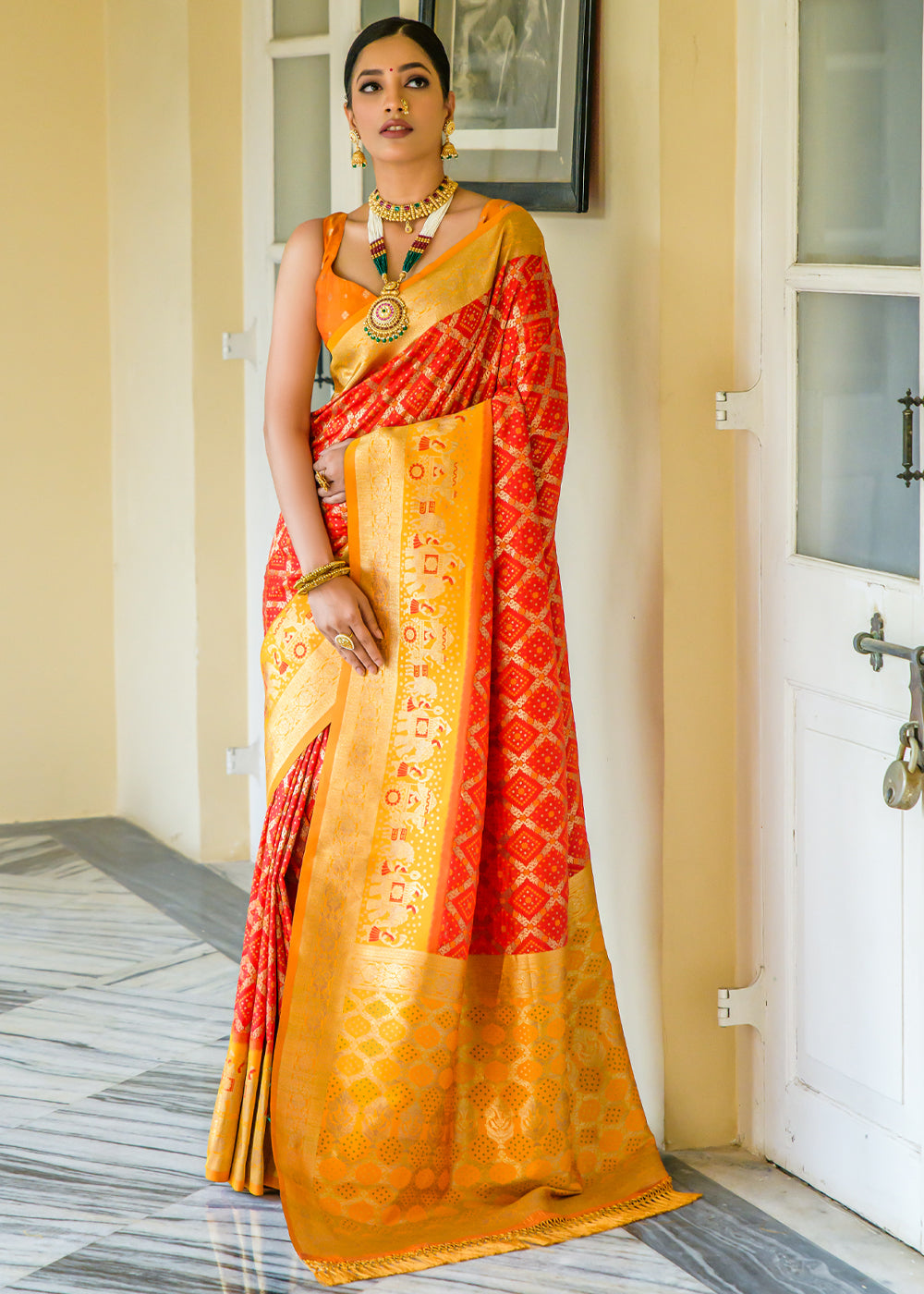 Buy MySilkLove Outrageous Orange Woven Banarasi Bandhani Silk Saree Online