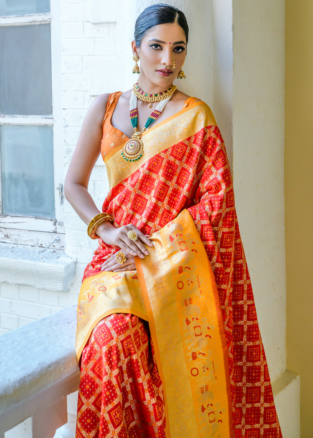 Buy MySilkLove Outrageous Orange Woven Banarasi Bandhani Silk Saree Online