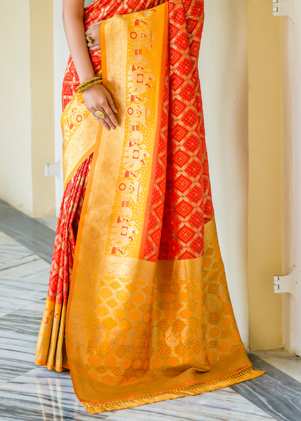 Buy MySilkLove Outrageous Orange Woven Banarasi Bandhani Silk Saree Online