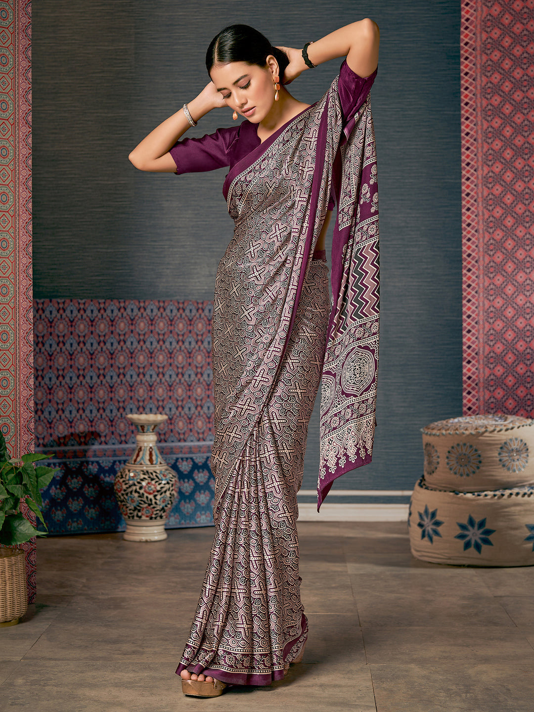 Buy MySilkLove Congo Purple and Grey Digital Printed Ajrakh Satin Crepe Saree Online