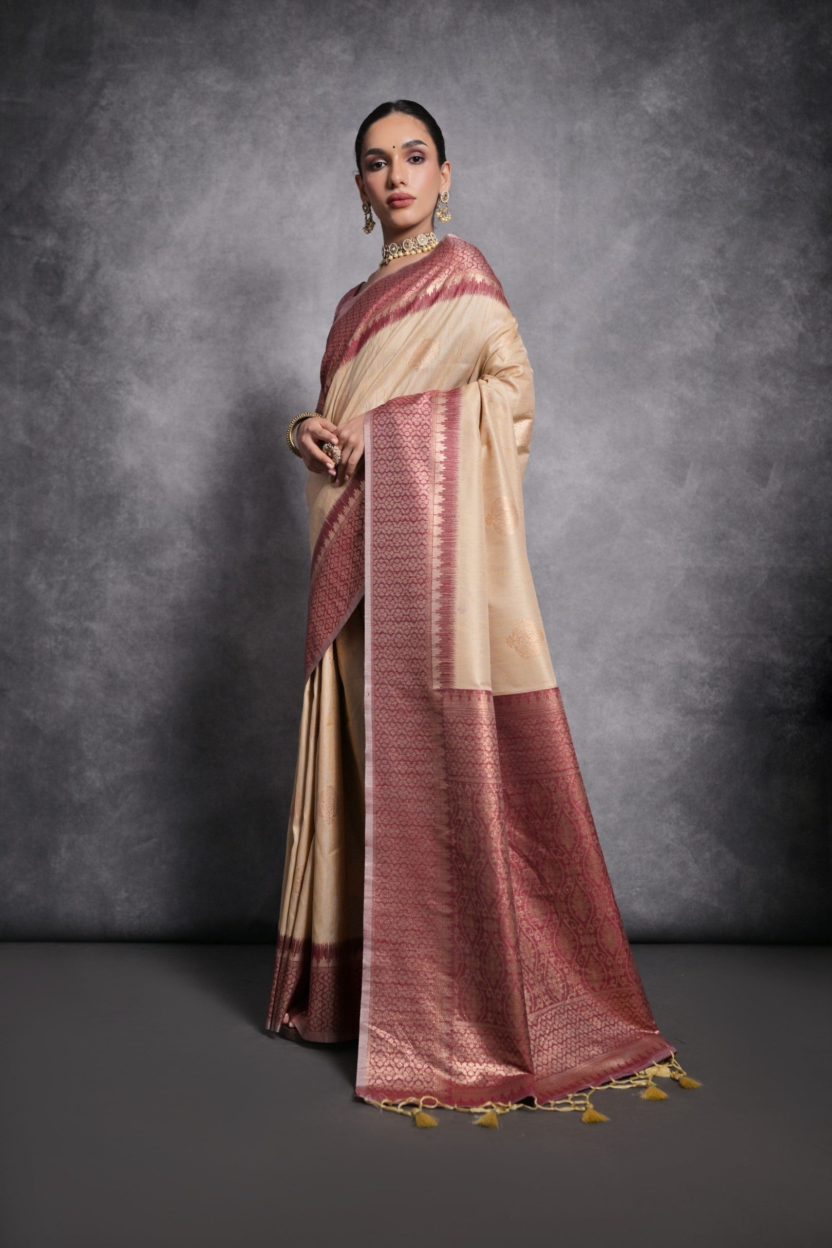 Buy MySilkLove Cameo Cream Tussar Temple Border Silk Saree Online