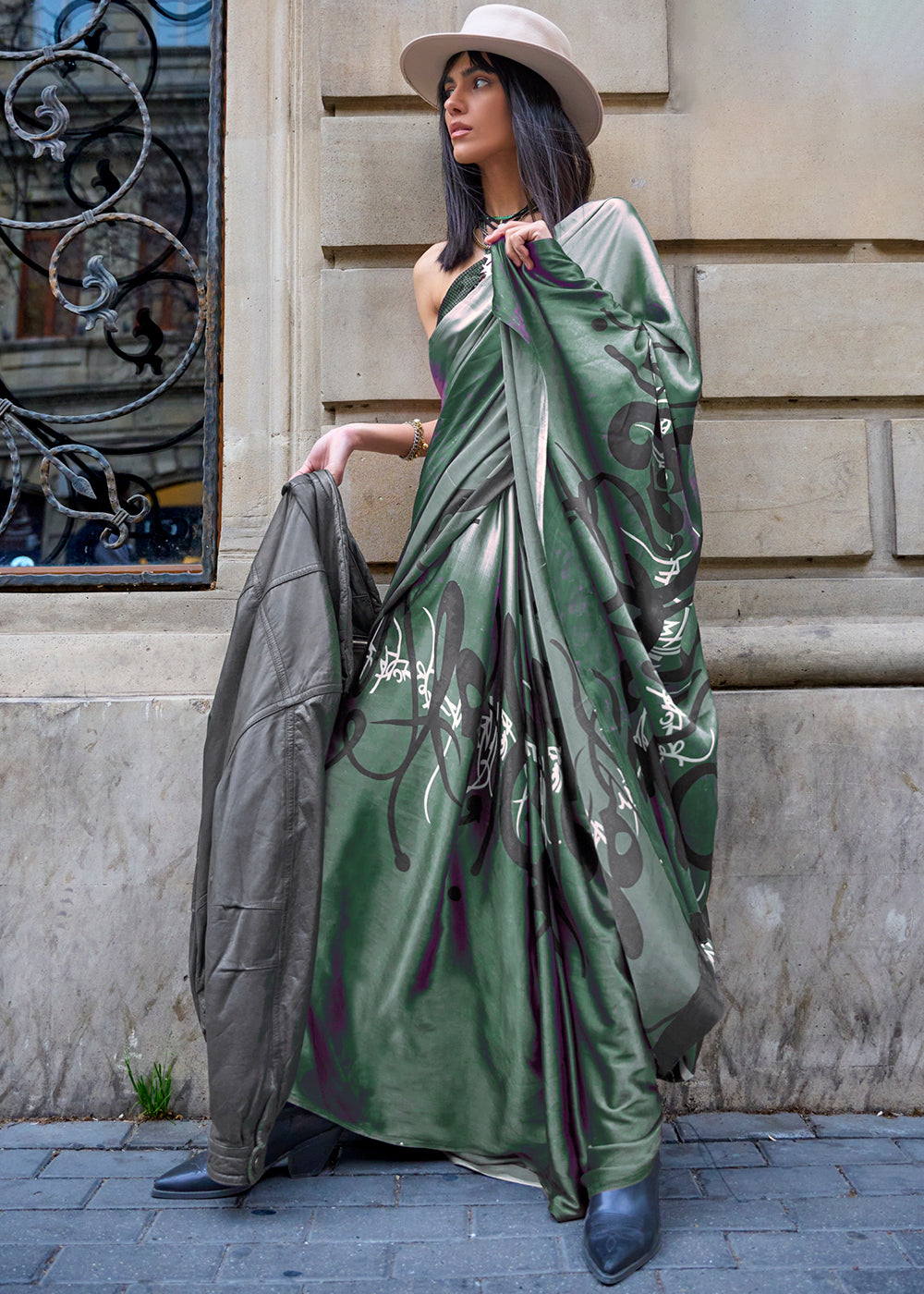 Buy MySilkLove Corduroy Green Printed Satin Silk Saree Online