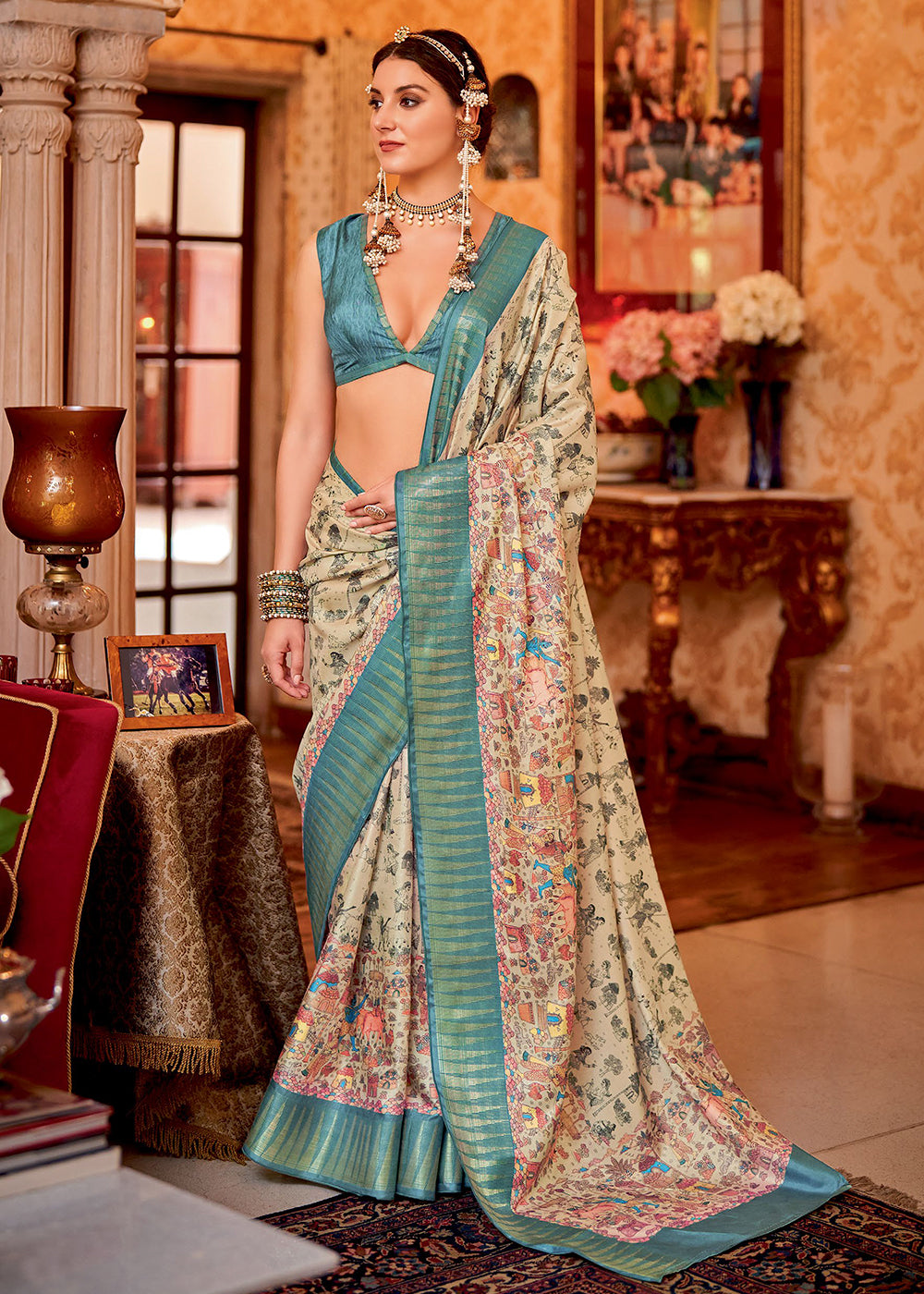 Buy Orleans Cream and Blue Manipuri Temple Printed Silk Saree Online -  MySilkLove