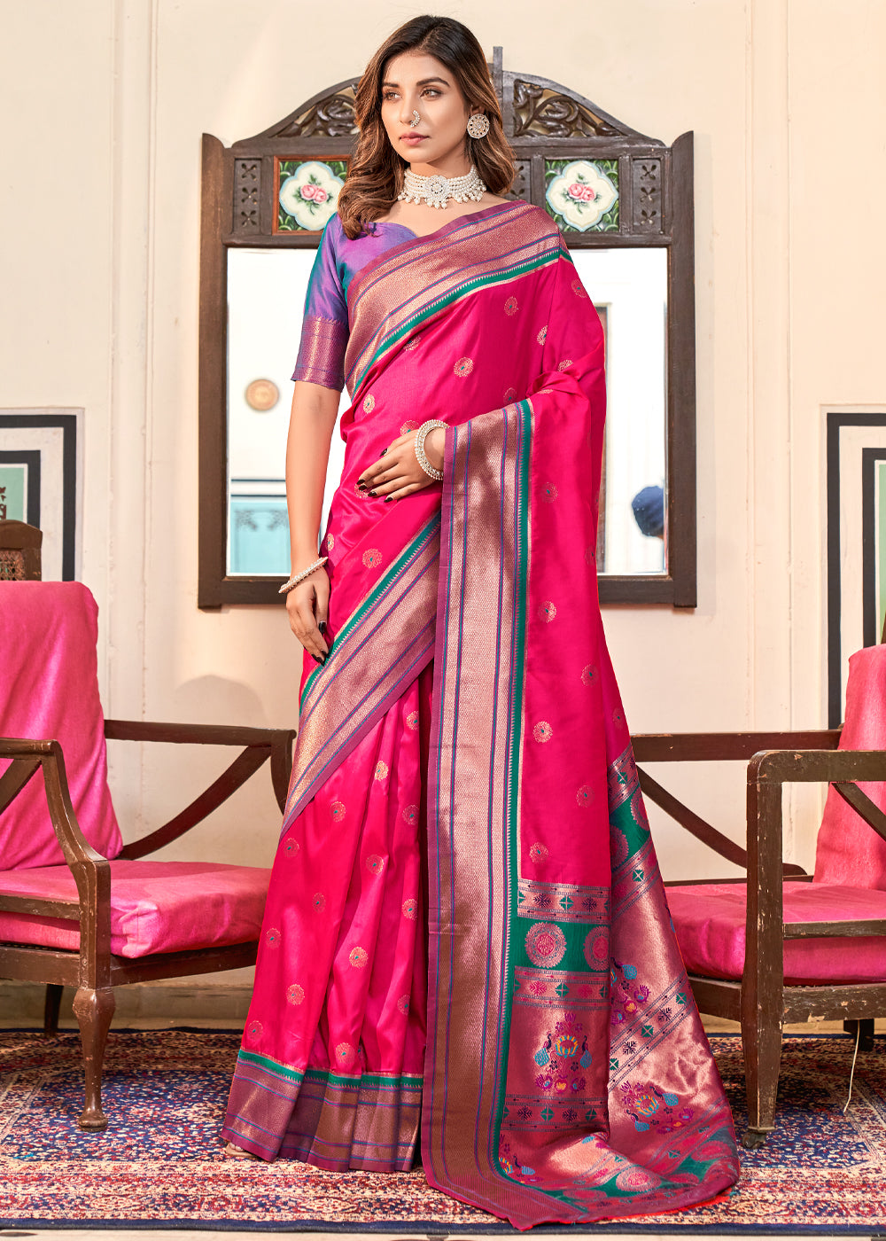 Buy MySilkLove Bright Pink Woven Paithani Soft Silk Saree Online