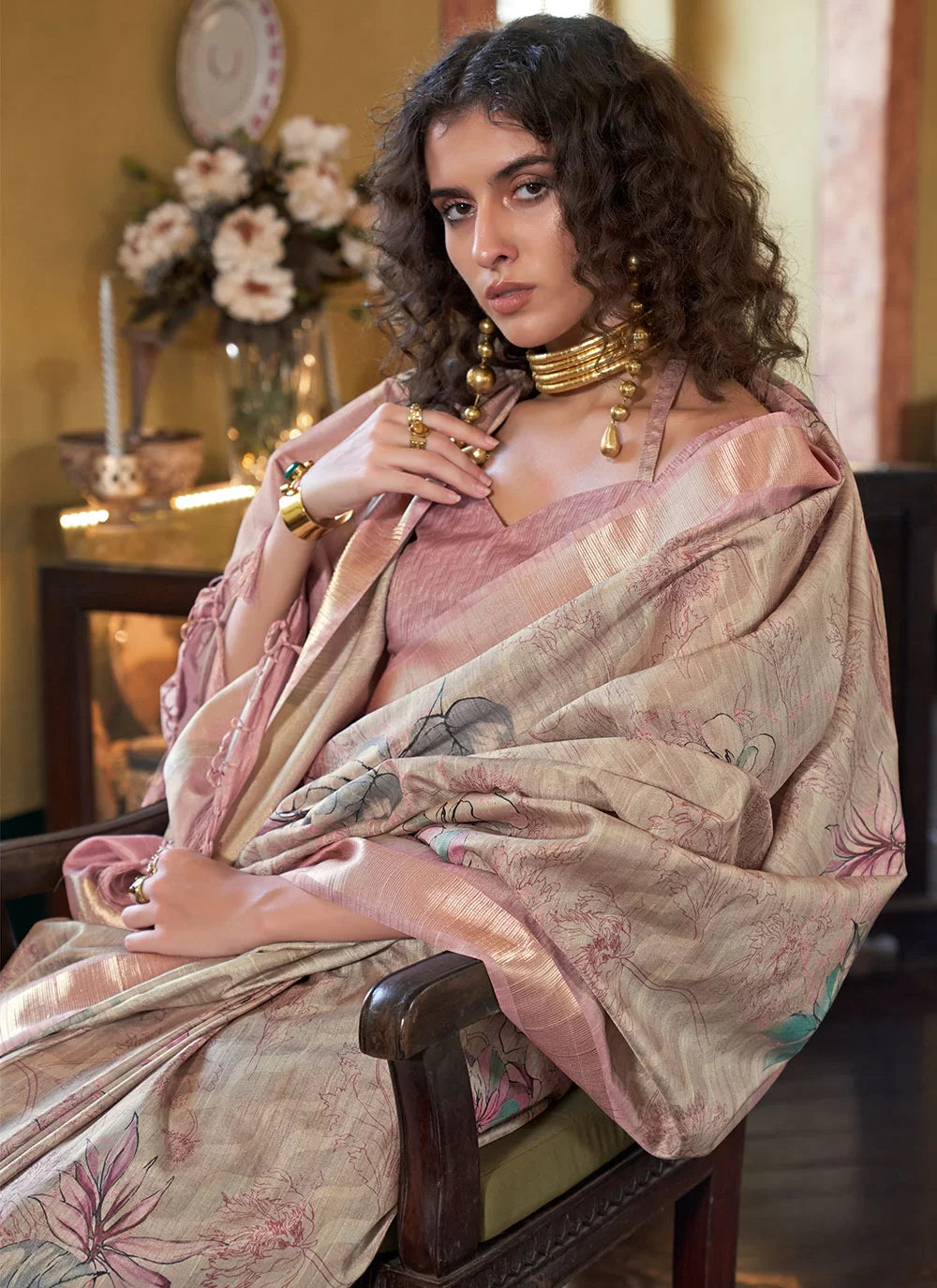 Buy MySilkLove Sandrift Brown Banarasi Floral Printed Saree Online