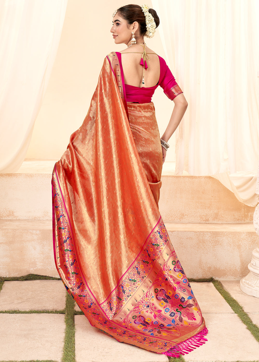 Buy MySilkLove Burnt Sienna Orange Woven Paithani Tissue Silk Saree Online