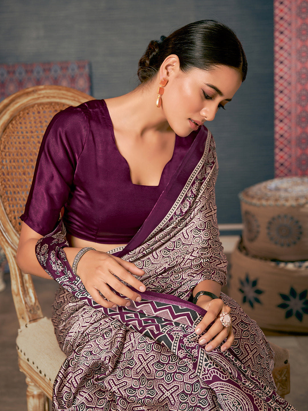 MySilkLove Congo Purple and Grey Digital Printed Ajrakh Satin Crepe Saree