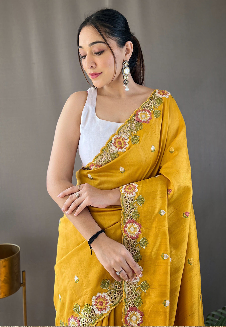 Buy MySilkLove Golden Grass Yellow Embroidered Tussar Silk Saree Online