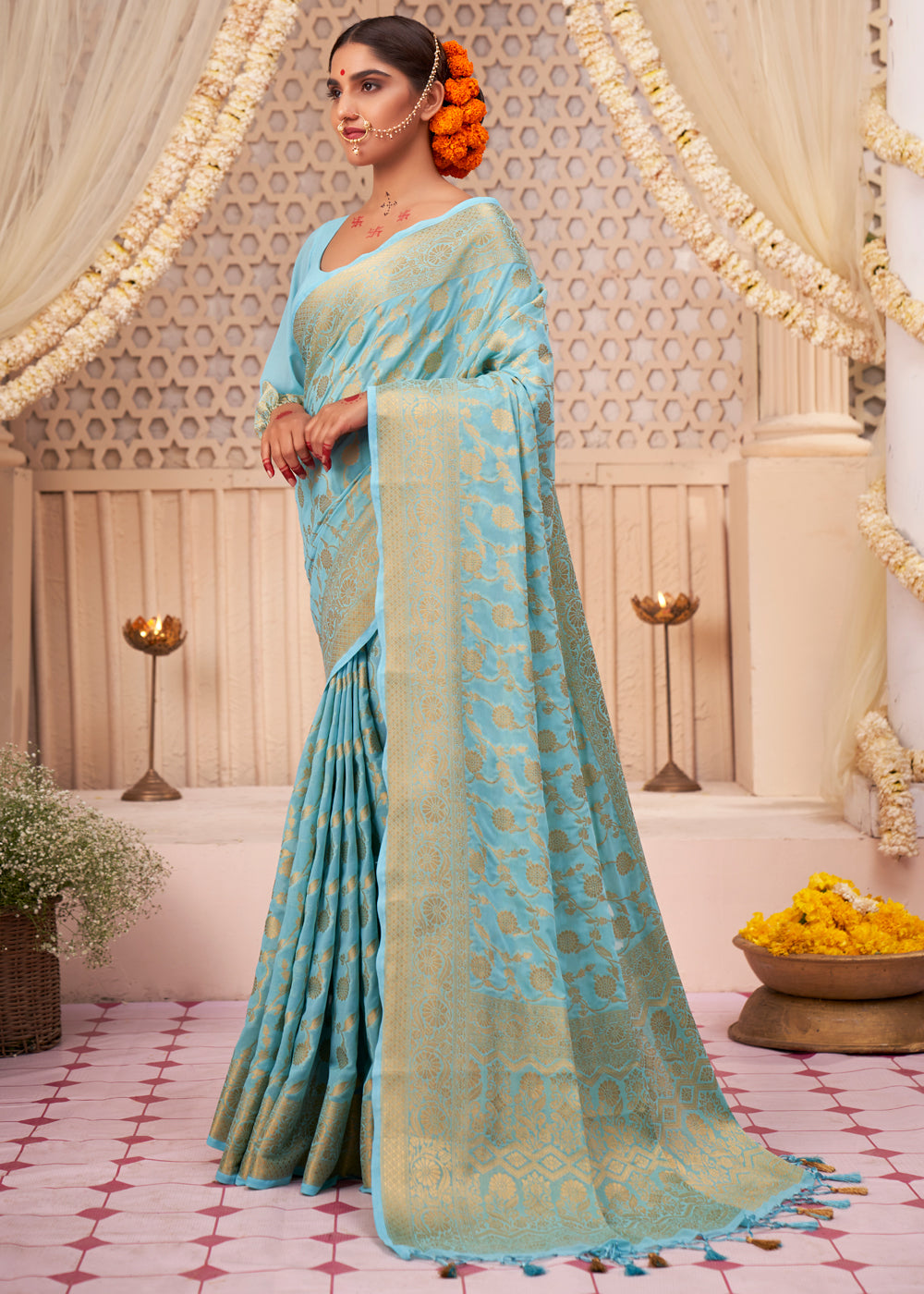 Buy MySilkLove Sea Nymph Blue Woven Georgette Saree Online