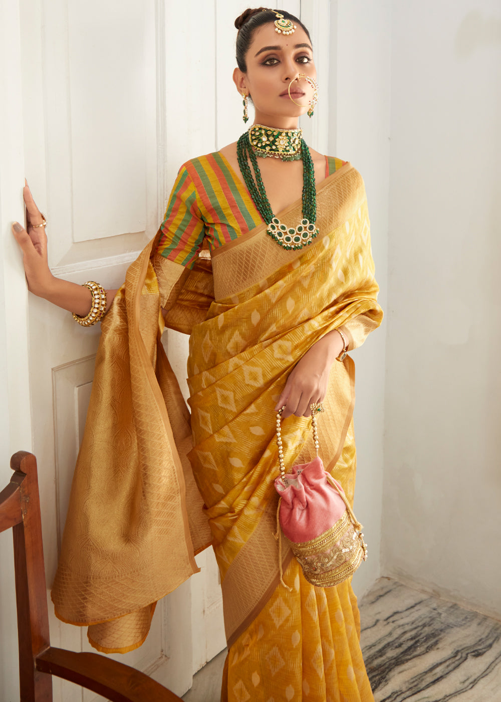 MySilkLove Porsche Yellow Woven Banarasi Organza Silk Saree