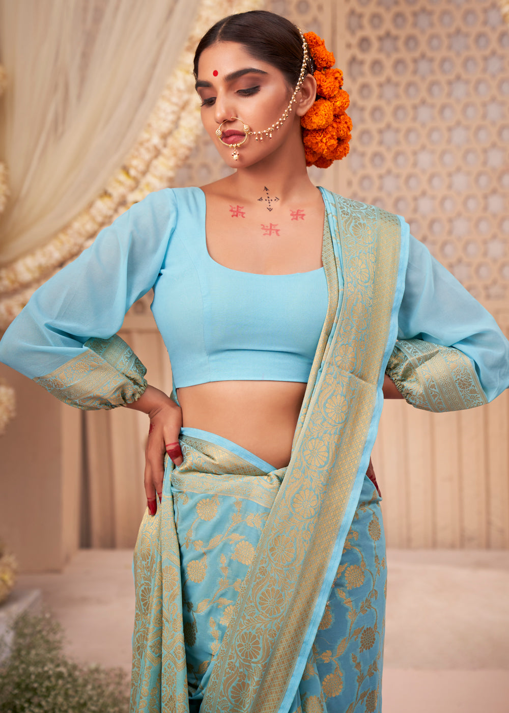 Buy MySilkLove Sea Nymph Blue Woven Georgette Saree Online