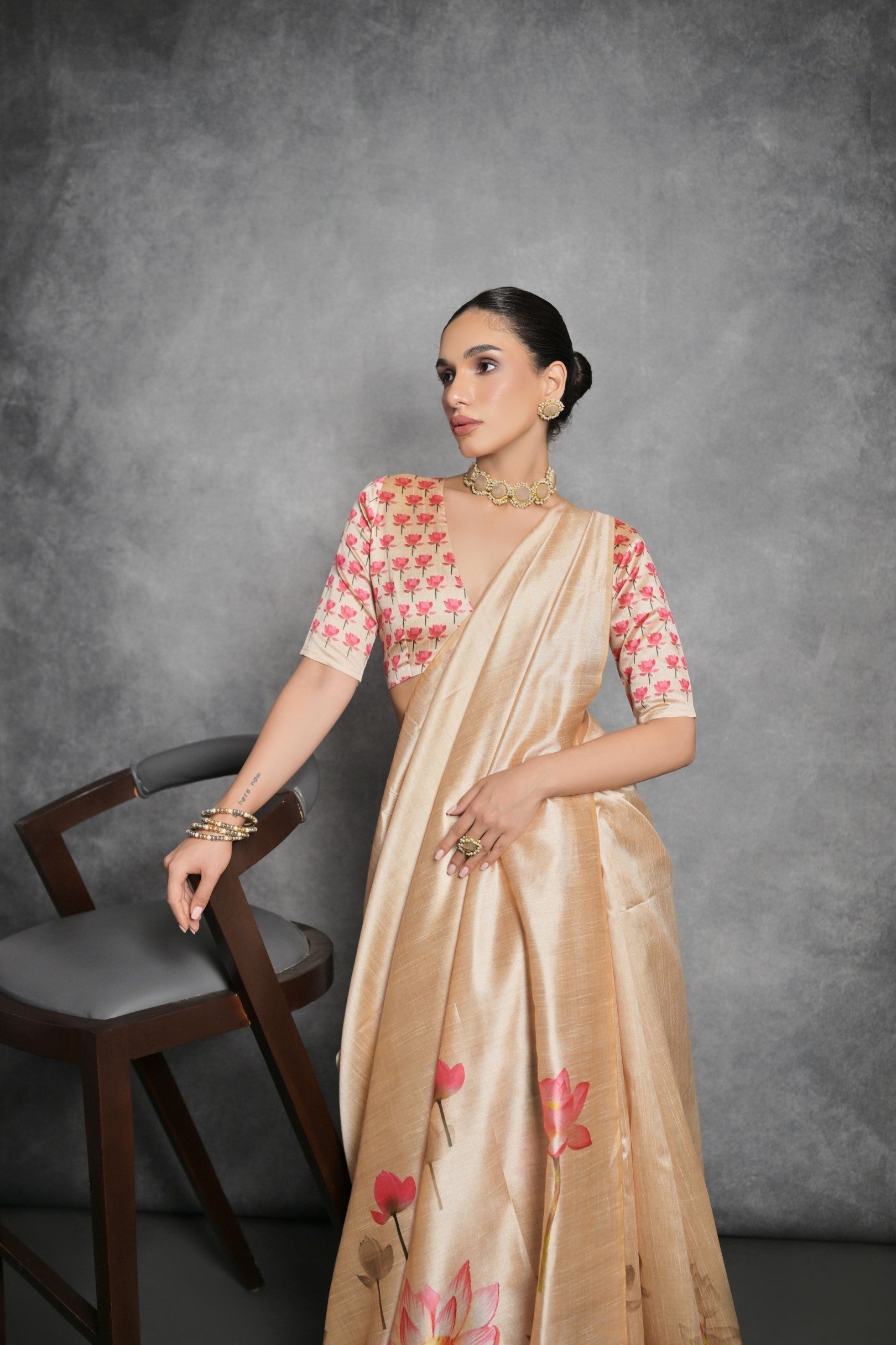 Buy MySilkLove Tan Cream Floral Printed Tussar Silk Saree Online