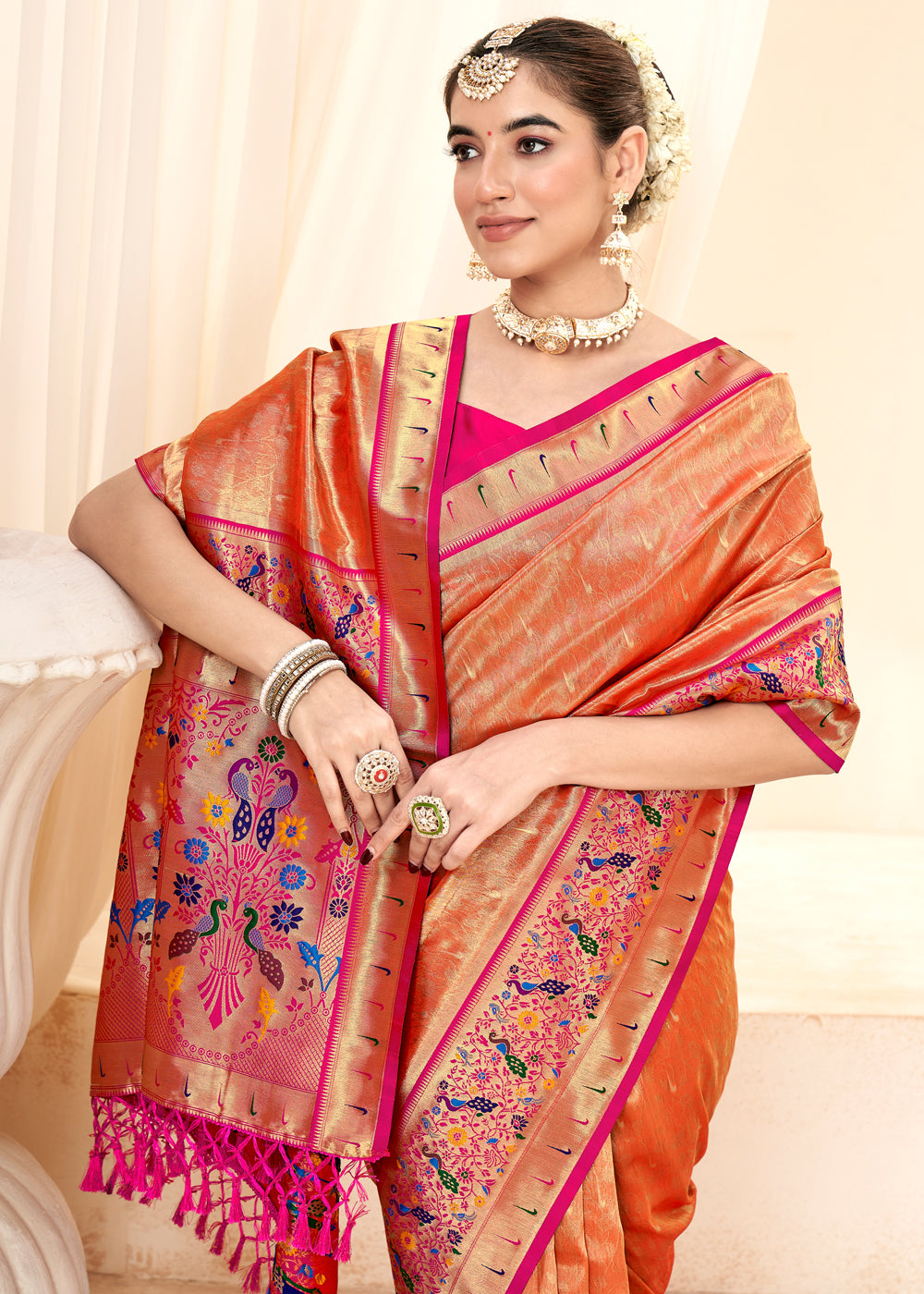 Buy MySilkLove Burnt Sienna Orange Woven Paithani Tissue Silk Saree Online