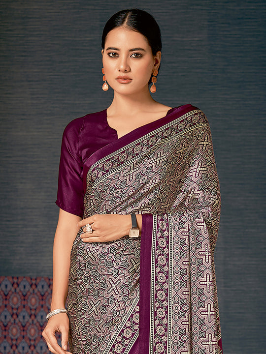 Buy MySilkLove Congo Purple and Grey Digital Printed Ajrakh Satin Crepe Saree Online