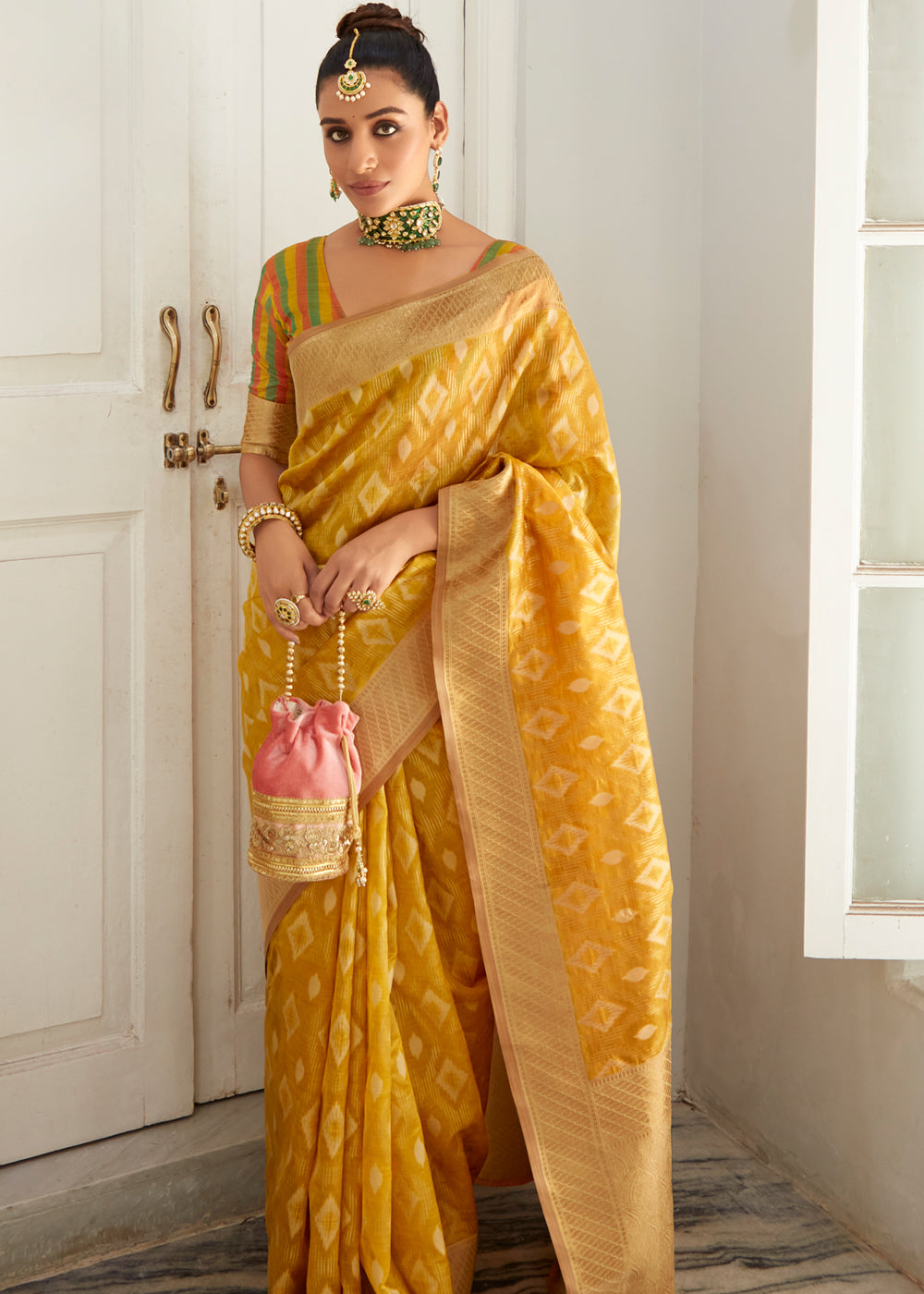 Buy MySilkLove Porsche Yellow Woven Banarasi Organza Silk Saree Online