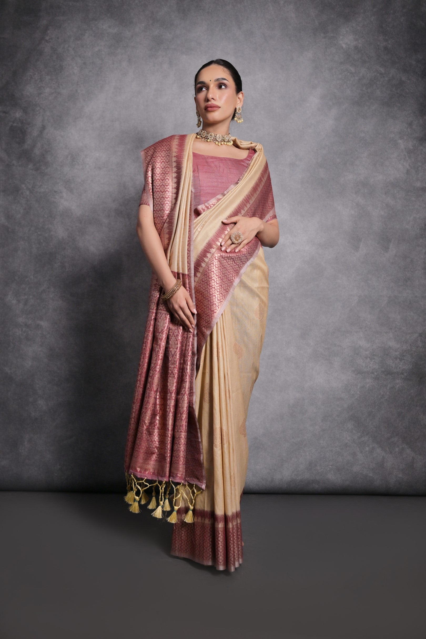 Buy MySilkLove Cameo Cream Tussar Temple Border Silk Saree Online