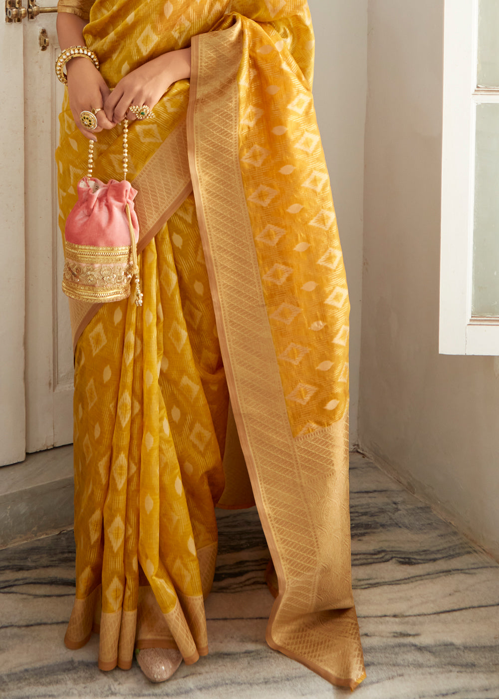 Buy MySilkLove Porsche Yellow Woven Banarasi Organza Silk Saree Online