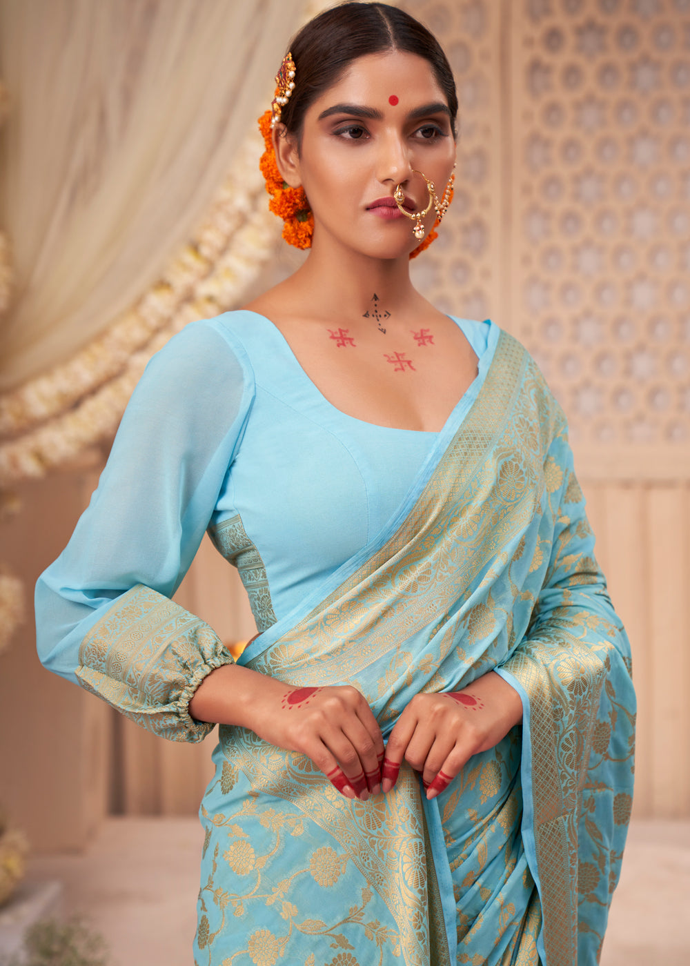 Buy MySilkLove Sea Nymph Blue Woven Georgette Saree Online